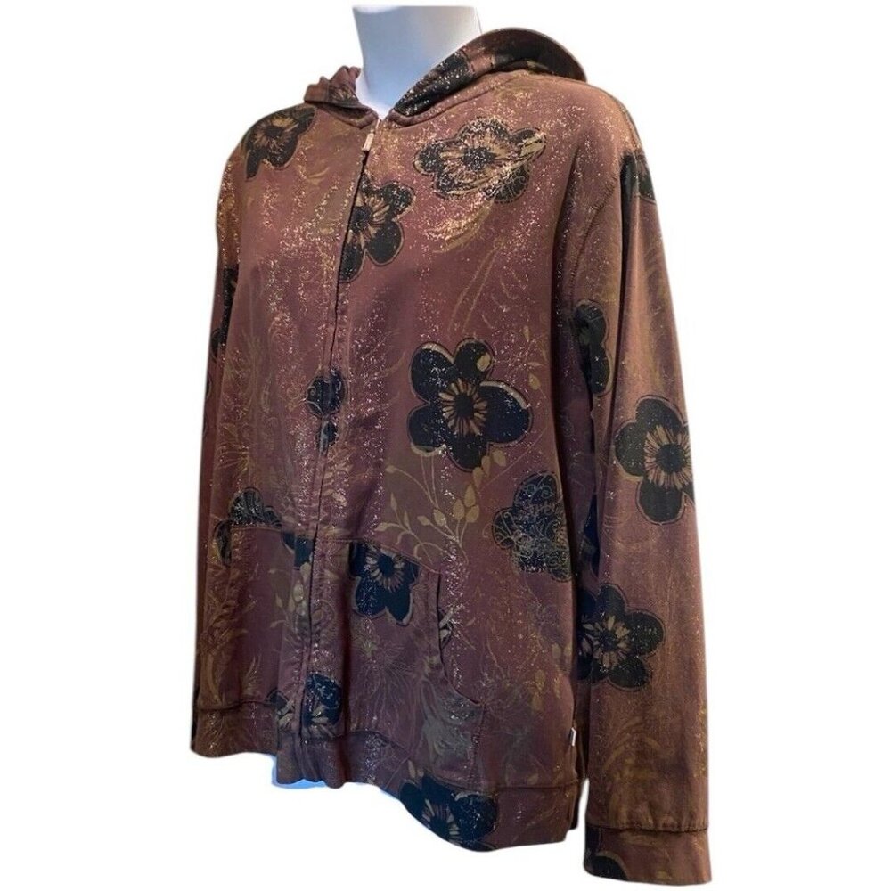 Chico Zenergy 3 US L Jacket Hoodie Brown Floral Hoodie Metallic Pockets Long Slv